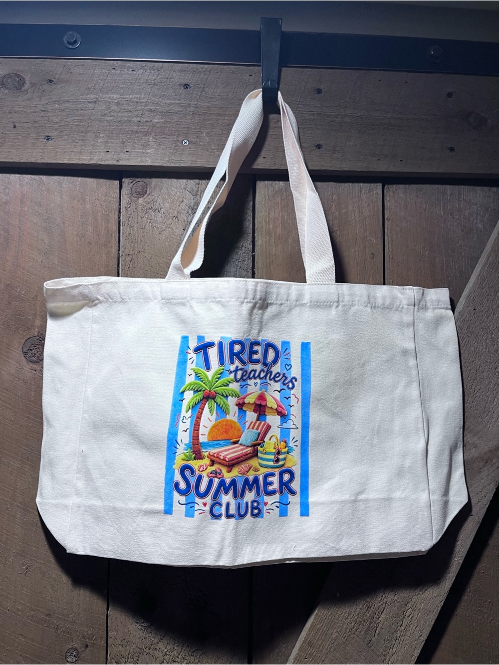 Handmade Canvas Tote with Bright Summer Graphic - Cream and Blue